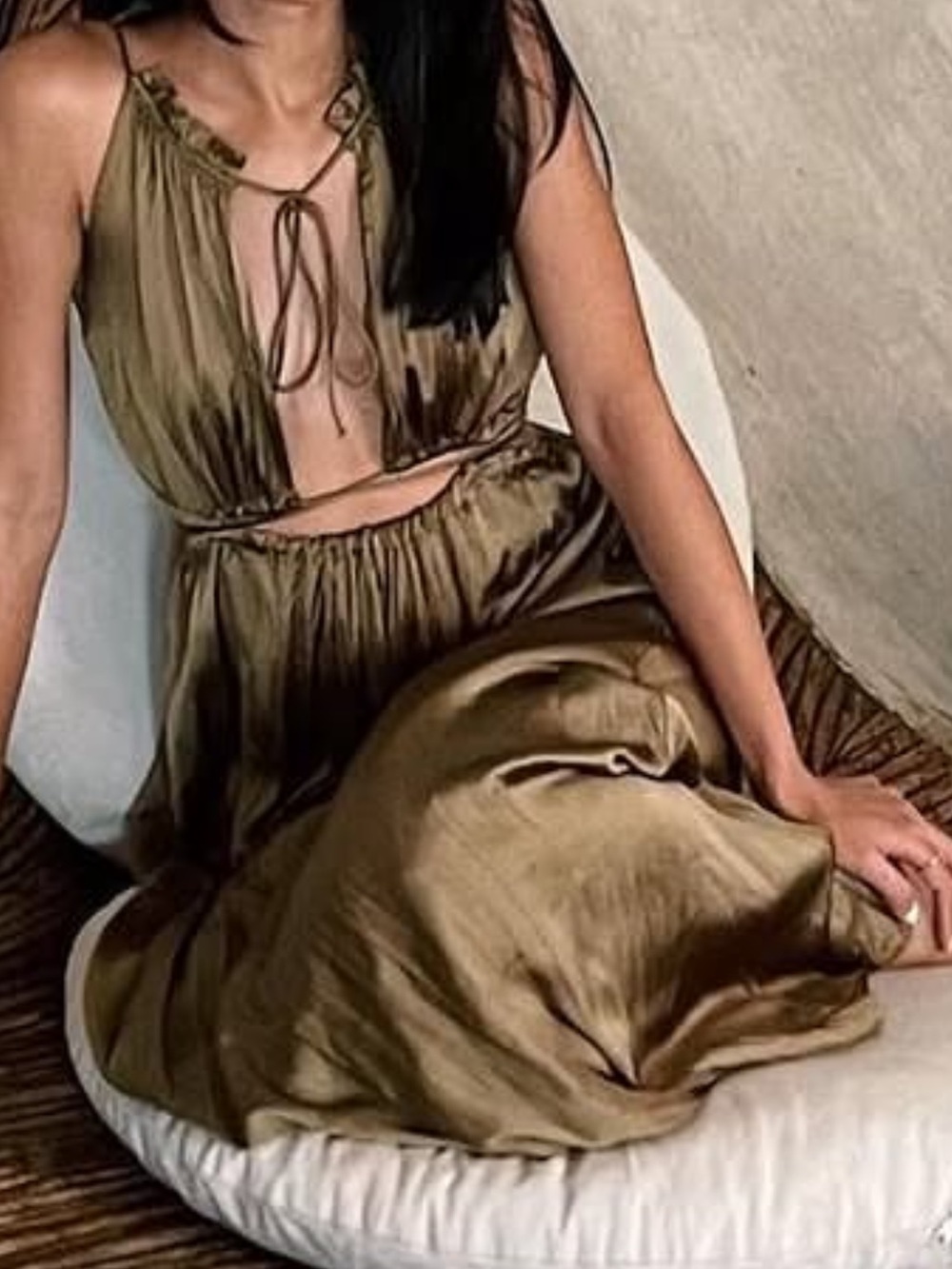 Zara Olive Maxi Dress with Deep V and Gathered Waist
